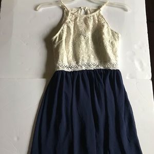 White Lace Blue Knee Length Dress